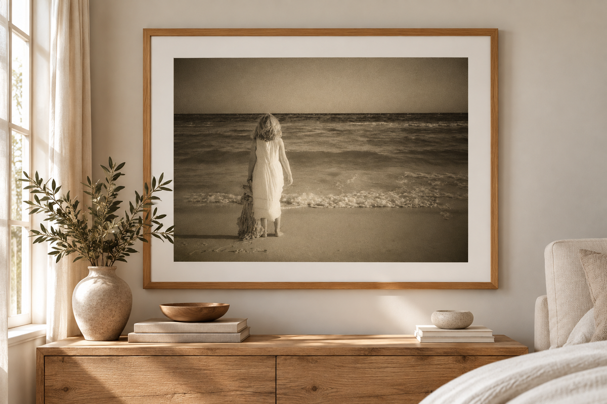 Watching the Dolphins fine art print displayed in a living room