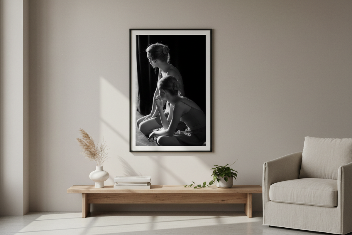 Listening fine art ballet print displayed in an elegant living room