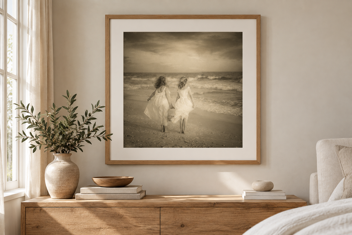 Best Friends Watch the Sunset fine art print displayed in a living room