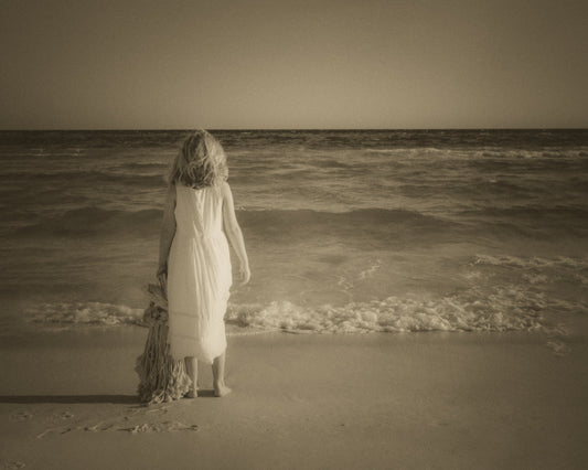 A young girl with her Raggedy Ann doll watching dolphins from the edge of the sea